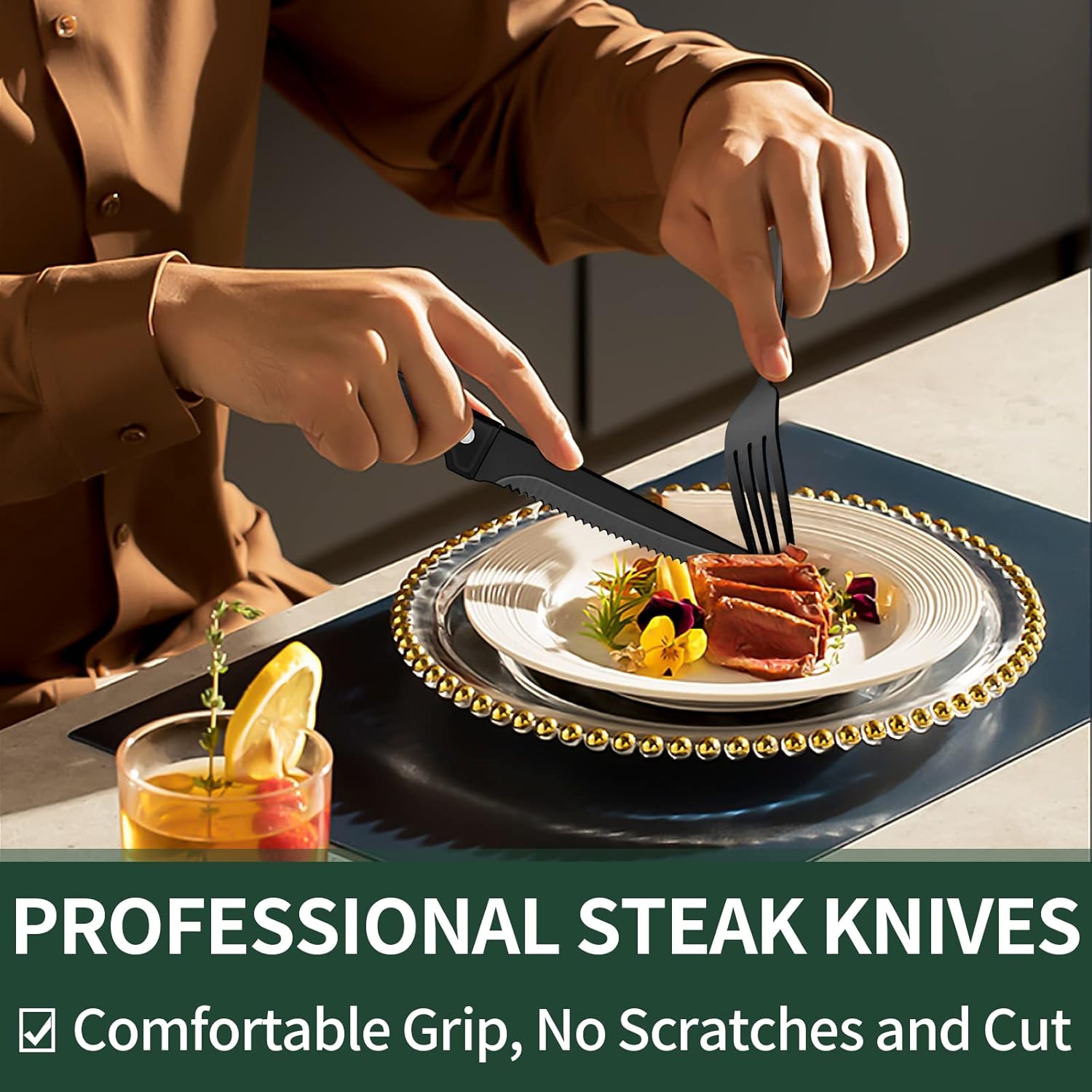 Elegant 24-Piece Black Cutlery Set for Four with Steak Knives