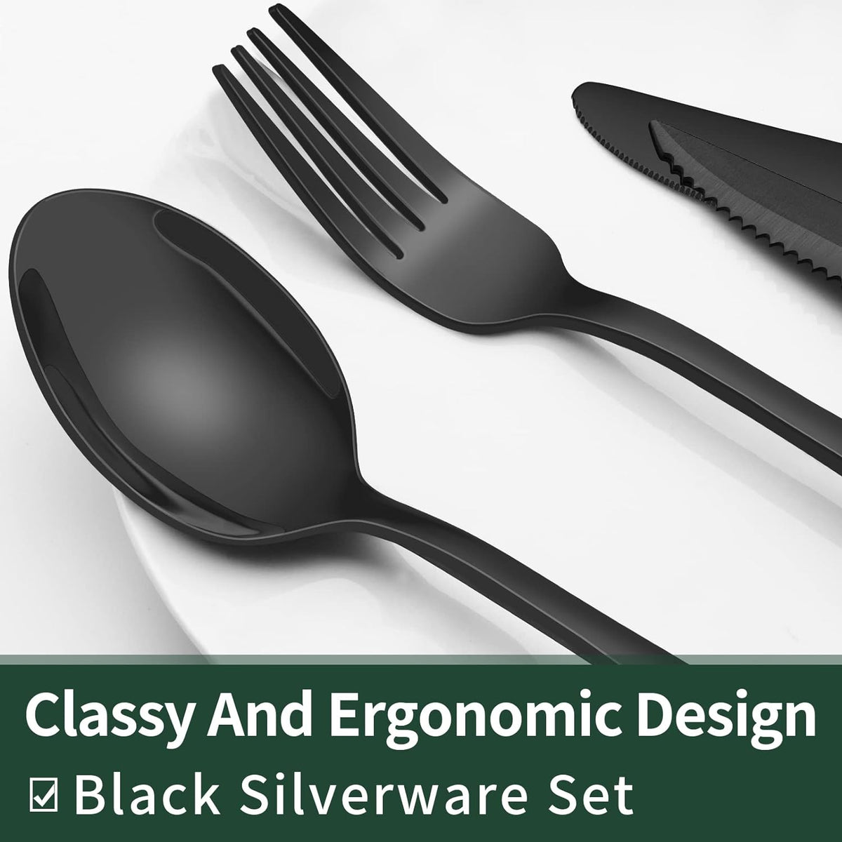 Elegant 24-Piece Black Cutlery Set for Four with Steak Knives