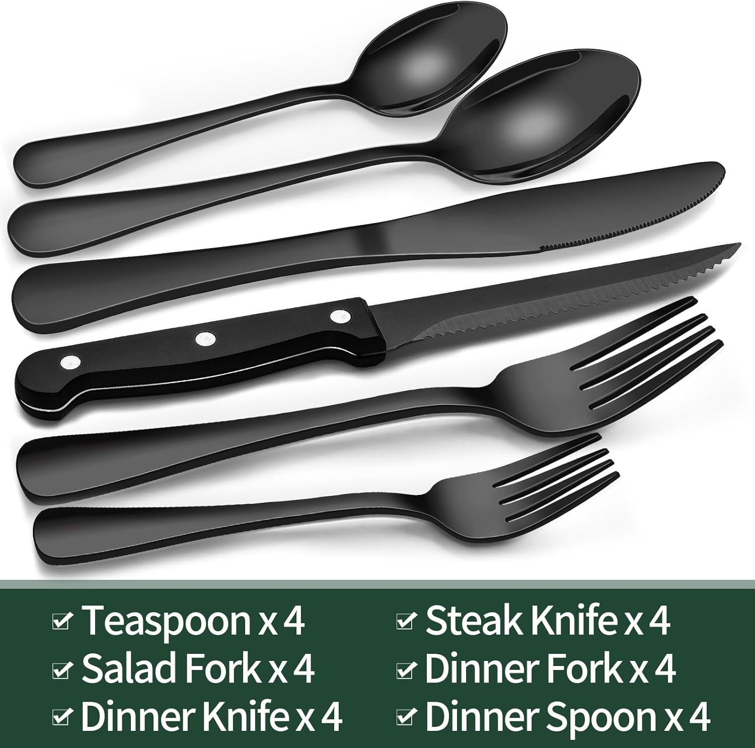 Elegant 24-Piece Black Cutlery Set for Four with Steak Knives