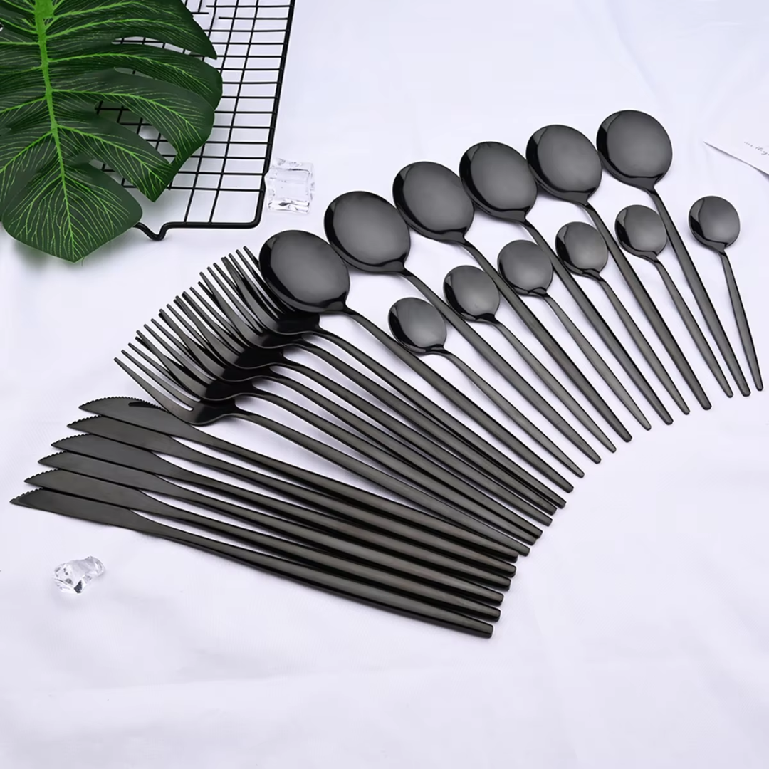 Elegant 24-Piece Black Cutlery Set for Four with Steak Knives