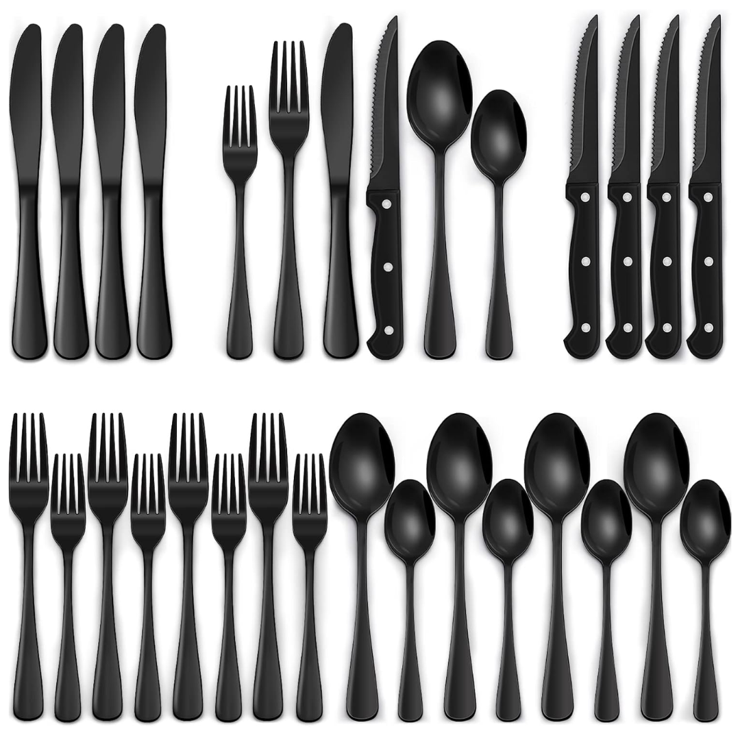 Elegant 24-Piece Black Cutlery Set for Four with Steak Knives