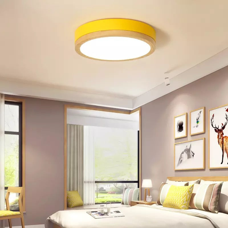 Round Metal Flush Mount LED Ceiling Lamp with Wooden Rim - Taavita Style Lighting Fixture