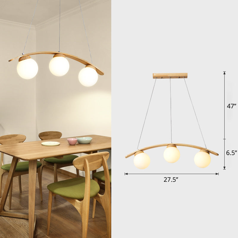 Taavita Island Ceiling Light - Nordic Wooden 3-Head Hanging Lamp for Dining Room with White Glass Ball Shade
