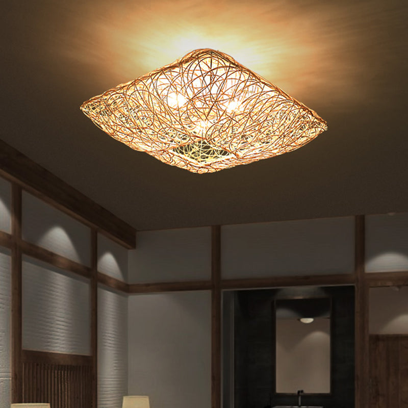 Taavita Square Ceiling Flush Mount Light Minimalist 3-Light Wood Flush Light for Bedroom - Modern Bamboo Design, Various Sizes Available