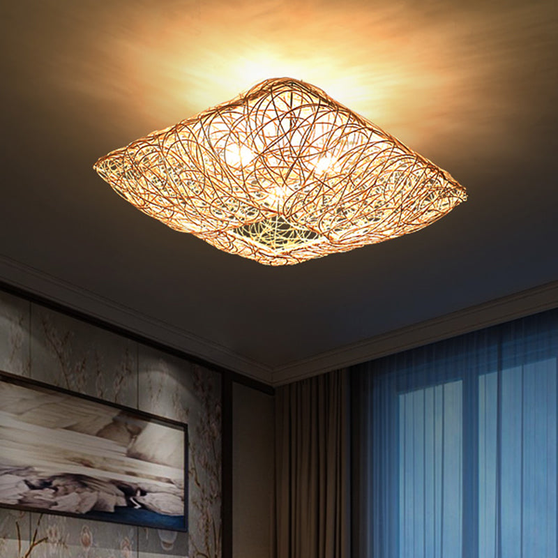 Taavita Square Ceiling Flush Mount Light Minimalist 3-Light Wood Flush Light for Bedroom - Modern Bamboo Design, Various Sizes Available