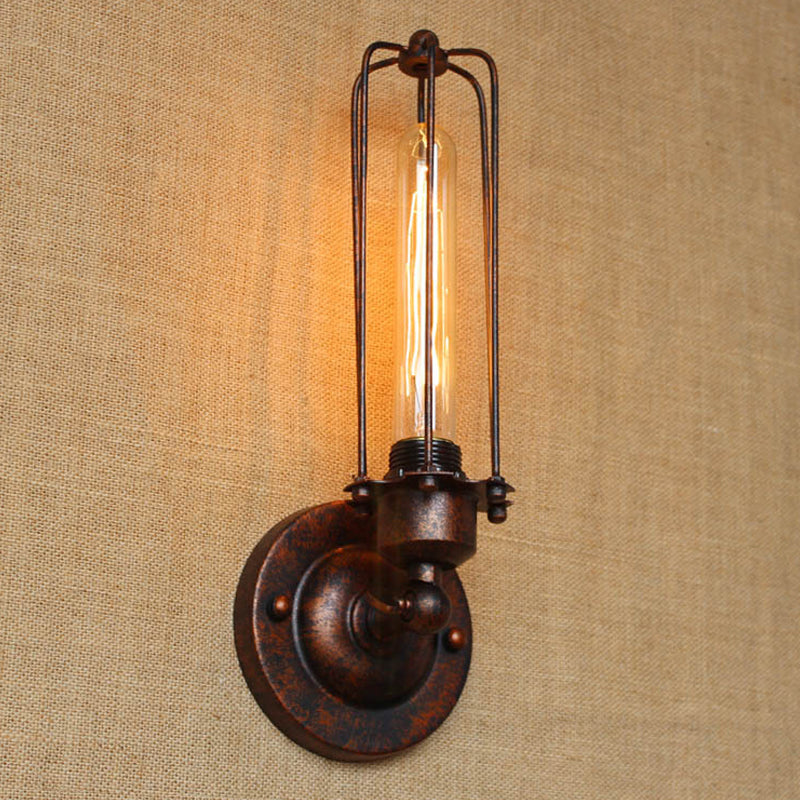 1/2-Bulb Industrial Black/Rust Metal Linear Cage Sconce Lamp Wall Light Fixture for Living Room by Taavita