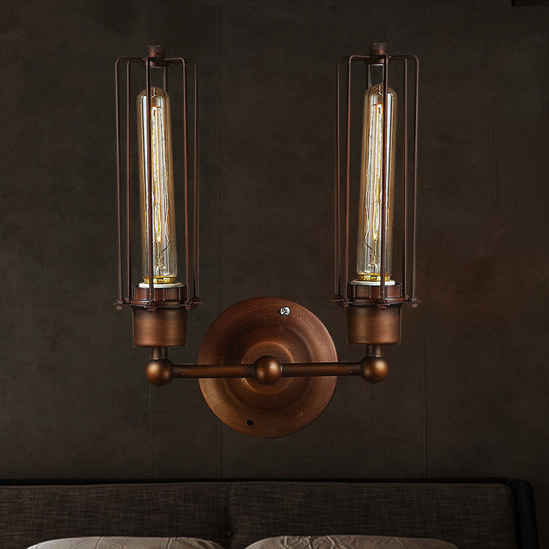 1/2/4-Light Industrial Bronze Wrought Iron Tube Shape Cage Wall Sconce Lighting for Dining Table