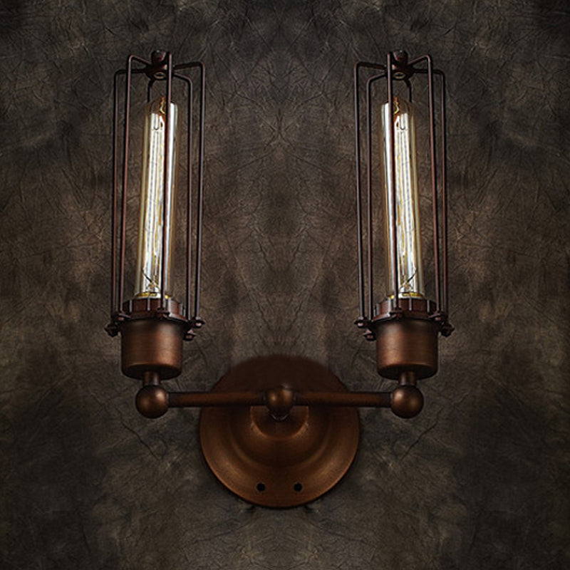 1/2/4-Light Industrial Bronze Wrought Iron Tube Shape Cage Wall Sconce Lighting for Dining Table