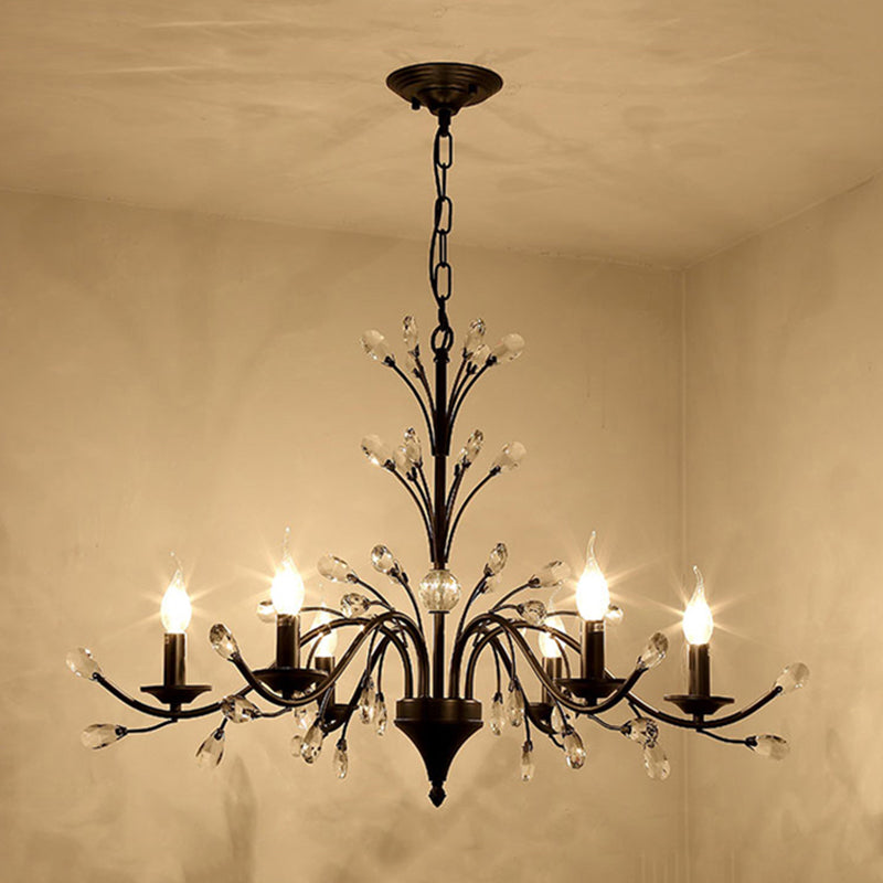 Exposed Bulb Metal Ceiling Chandelier Vintage 3/6/9 Lights Living Room Suspension Lighting in Black with Crystal Draping Clearhalo 'Ceiling Lights' 'Chandeliers' Lighting' options 255553