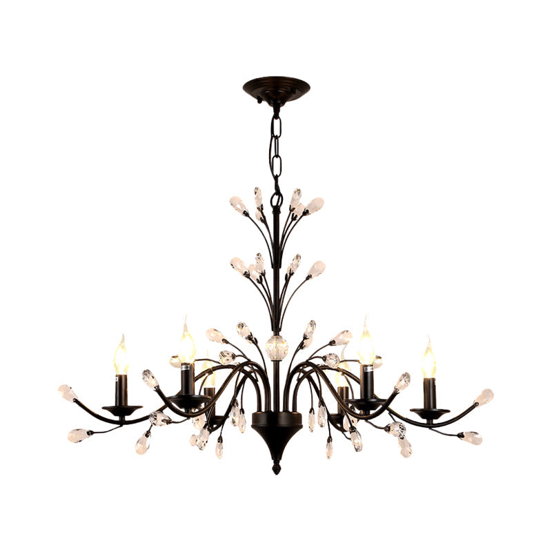 Taavita Exposed Bulb Metal Ceiling Chandelier with 3/6/9 Lights for Living Room Suspension Lighting in Black with Crystal Draping