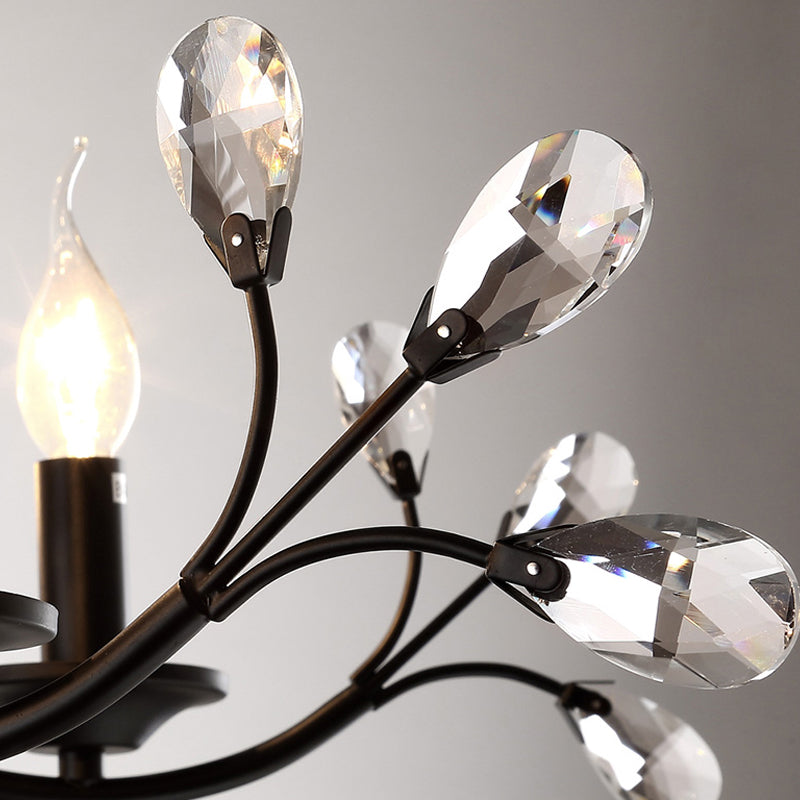 Taavita Exposed Bulb Metal Ceiling Chandelier with 3/6/9 Lights for Living Room Suspension Lighting in Black with Crystal Draping