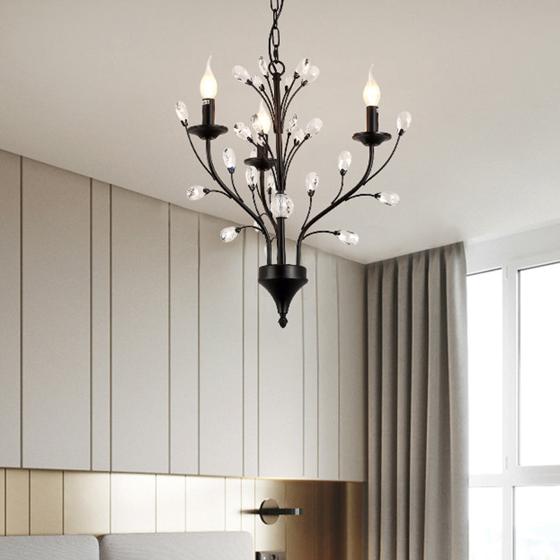 Taavita Exposed Bulb Metal Ceiling Chandelier with 3/6/9 Lights for Living Room Suspension Lighting in Black with Crystal Draping