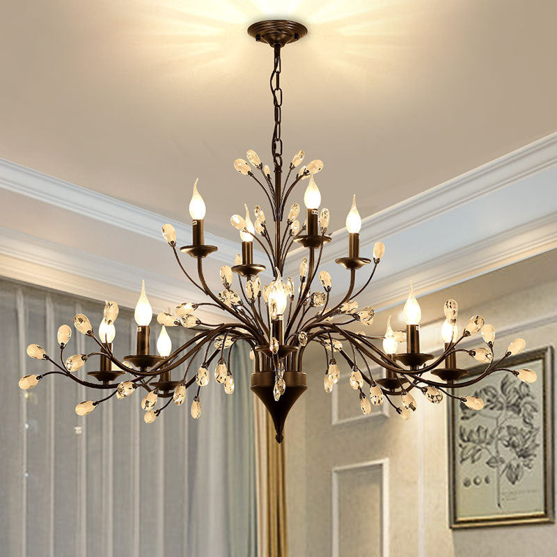 Exposed Bulb Metal Ceiling Chandelier Vintage 3/6/9 Lights Living Room Suspension Lighting in Black with Crystal Draping Clearhalo 'Ceiling Lights' 'Chandeliers' Lighting' options 261828