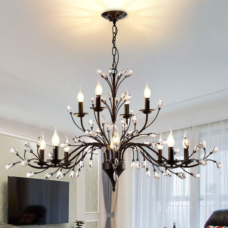 Taavita Exposed Bulb Metal Ceiling Chandelier with 3/6/9 Lights for Living Room Suspension Lighting in Black with Crystal Draping
