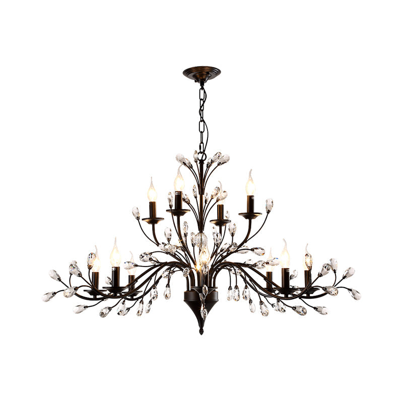Taavita Exposed Bulb Metal Ceiling Chandelier with 3/6/9 Lights for Living Room Suspension Lighting in Black with Crystal Draping