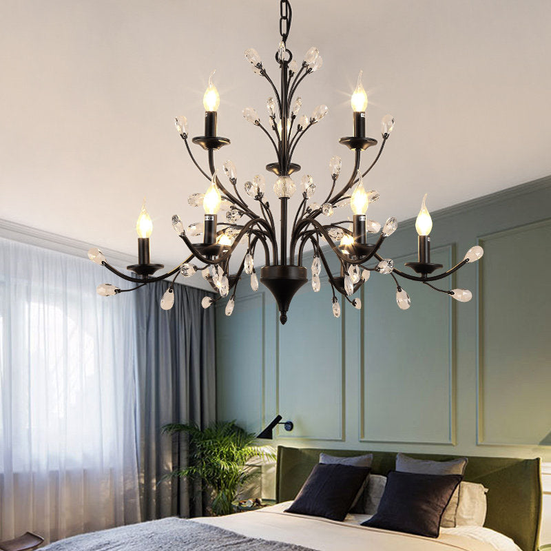 Taavita Exposed Bulb Metal Ceiling Chandelier with 3/6/9 Lights for Living Room Suspension Lighting in Black with Crystal Draping
