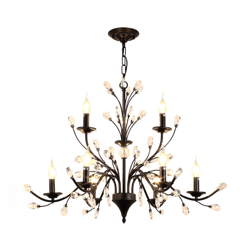 Taavita Exposed Bulb Metal Ceiling Chandelier with 3/6/9 Lights for Living Room Suspension Lighting in Black with Crystal Draping