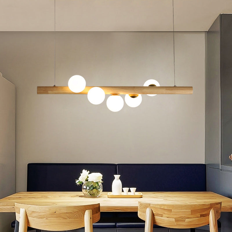 Taavita Linear Wood Island Pendant with Globe Shade Glass Island Light in Beige for Dining Room