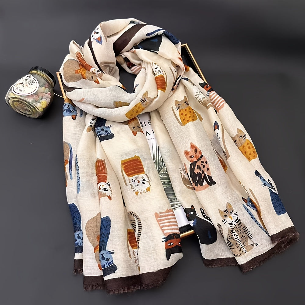 Cat Print Scarf | Lightweight | Breathable and Warm | Viscose