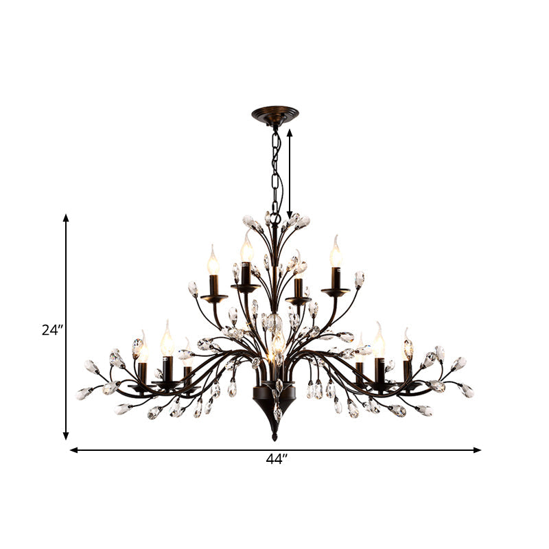 Taavita Exposed Bulb Metal Ceiling Chandelier with 3/6/9 Lights for Living Room Suspension Lighting in Black with Crystal Draping