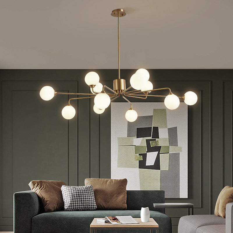 Simple Brass Chandelier Lighting with White Glass for Living Room