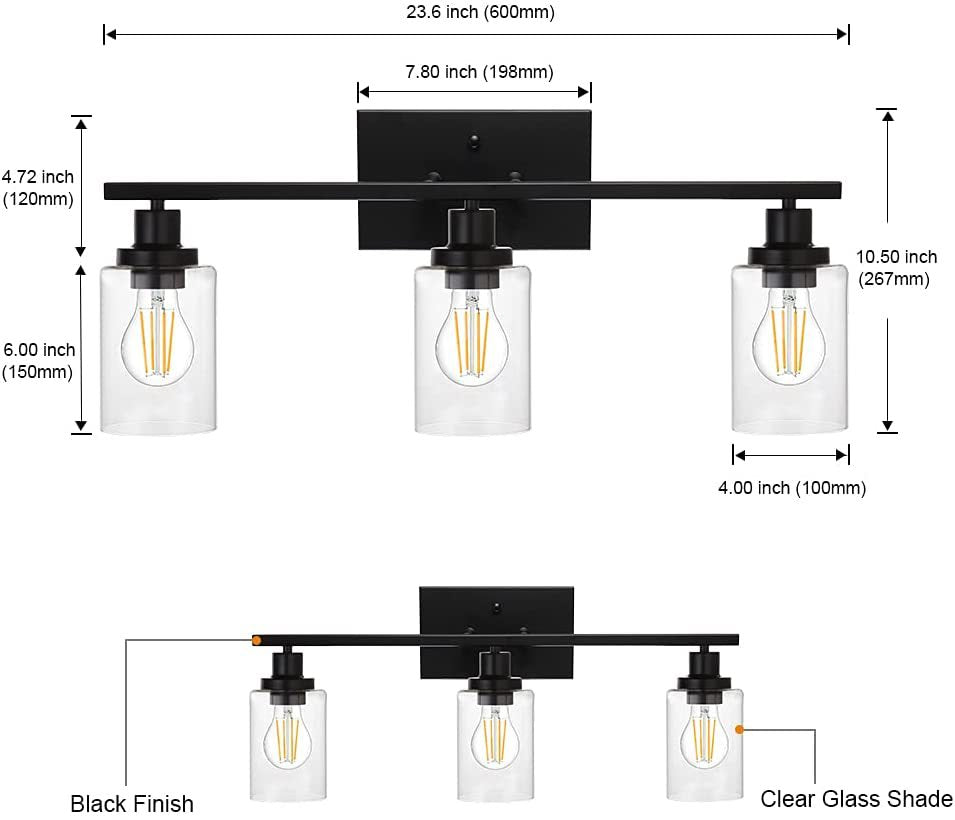 Taavita 3-Light Cylinder Bathroom Wall Lights Retro Industrial Style Glass Vanity Light