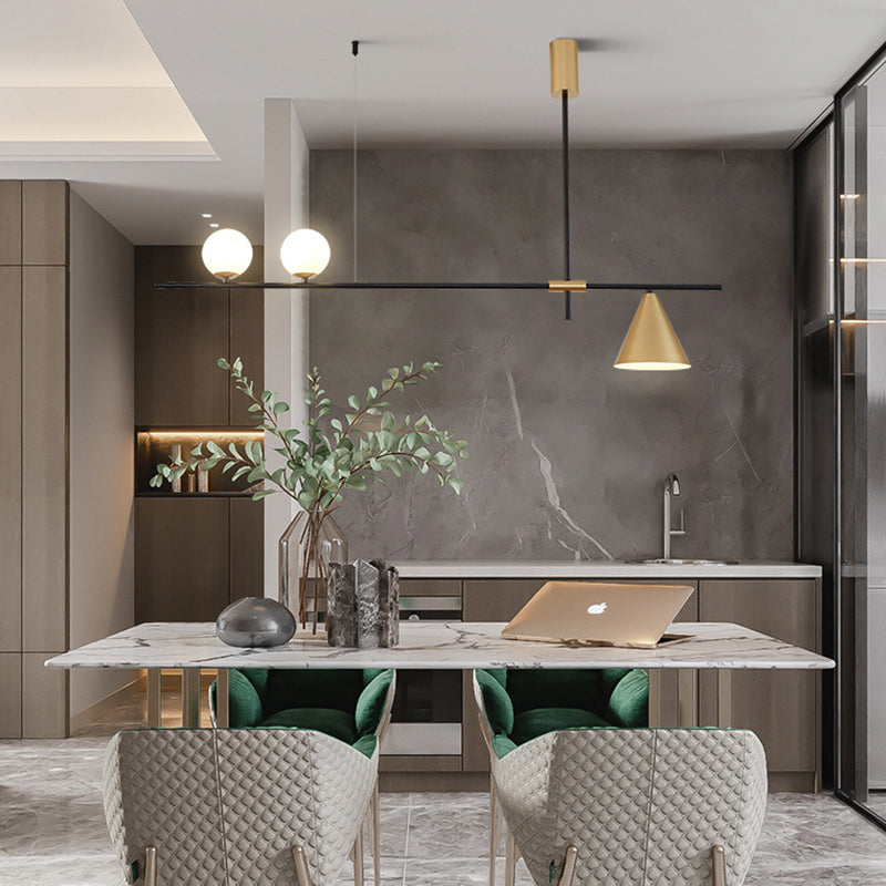 Modern Minimalist Linear Chandelier Light with Spherical White Glass Shade and 3-5 Lights