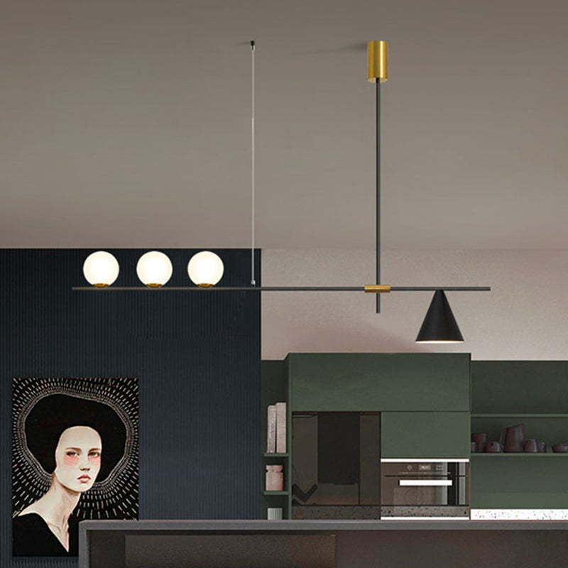 Modern Minimalist Linear Chandelier Light with Spherical White Glass Shade and 3-5 Lights