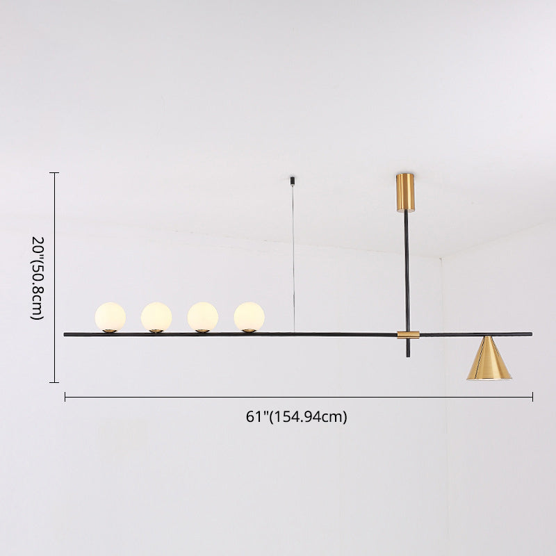Modern Minimalist Linear Chandelier Light with Spherical White Glass Shade and 3-5 Lights