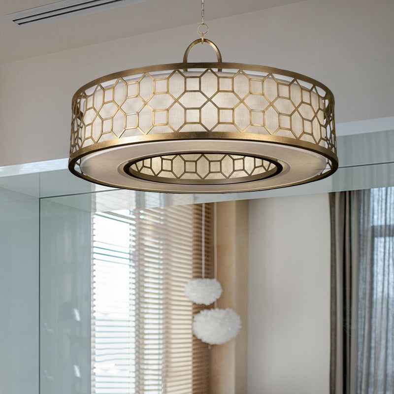 16"/19.5"/23.5" Dia Chinese Style Drum Chandelier 3-Light Brass Hanging Ceiling Lamp in Gold Clearhalo 'Ceiling Lights' 'Chandeliers' Lighting' options 263641