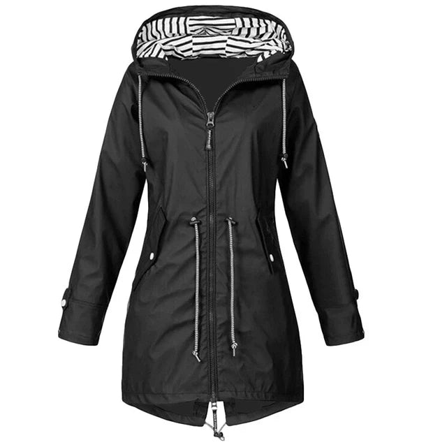 Women’s Waterproof Hooded Trench Coat | Adjustable Waist Drawstring | Zipper & Exterior Pockets | Windproof Protection
