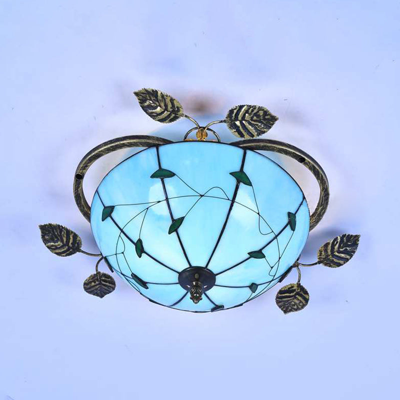 Bowl Flushmount Light Tiffany Stained Glass 3 Bulbs Flush Mount Ceiling Fixture with Leaf Decoration in White/Blue/Green-White/Blue-Green Clearhalo 'Ceiling Lights' 'Close To Ceiling Lights' 'Close to ceiling' 'Glass shade' 'Glass' 'Semi-flushmount' 'Tiffany close to ceiling' 'Tiffany' Lighting' 26483