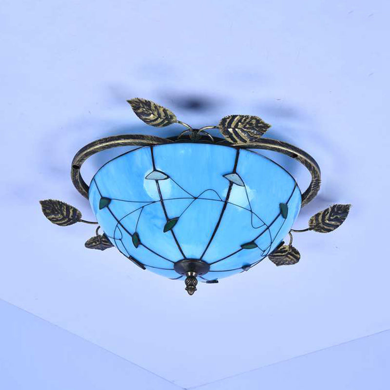 Taavita Flushmount Light Tiffany Stained Glass Semi-Flush Mount Ceiling Fixture with Leaf Decoration in White/Green-White/Blue-Blue-Green, 3 Bulbs