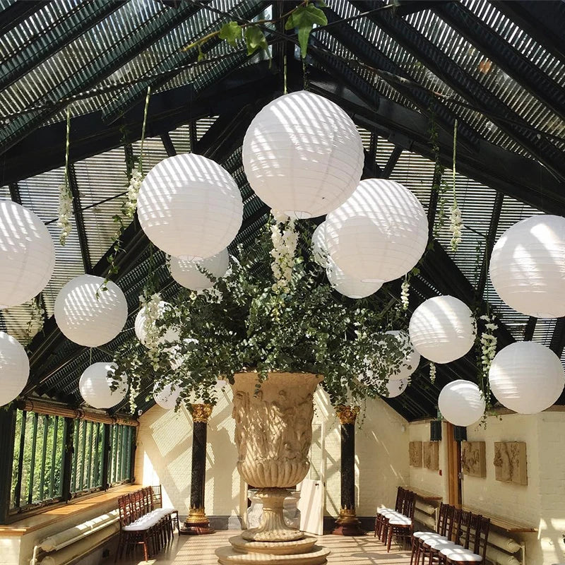 Paper Moon Hanging Lanterns Set – Mixed Sizes 4-14 Inch Round Rice Paper Lanterns with Battery Operated Cordless LED Lights, Warm & Cool White Options, 30-60 Pieces for Wedding & Outdoor Decor