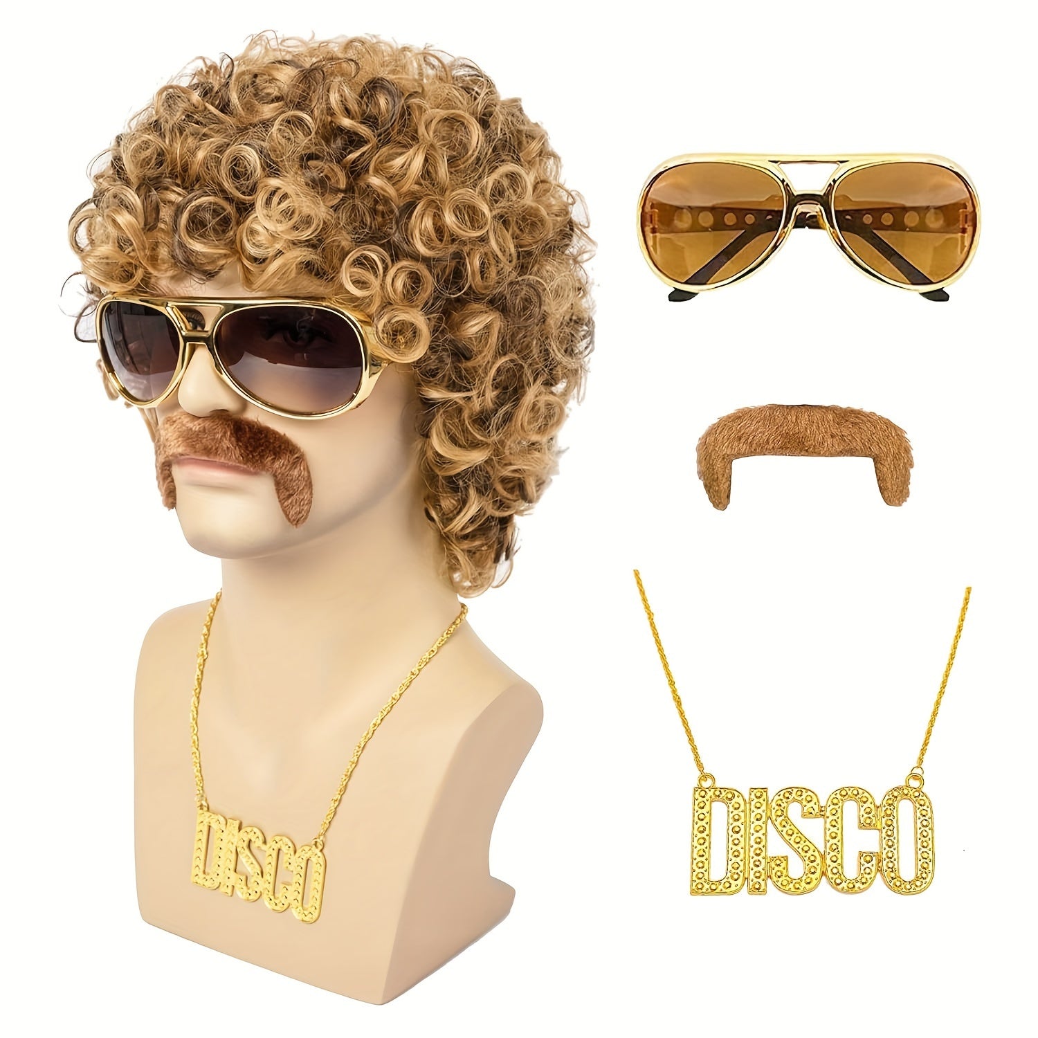 Short Curly Afro Wig Costume with Disco Accessories for Halloween Parties