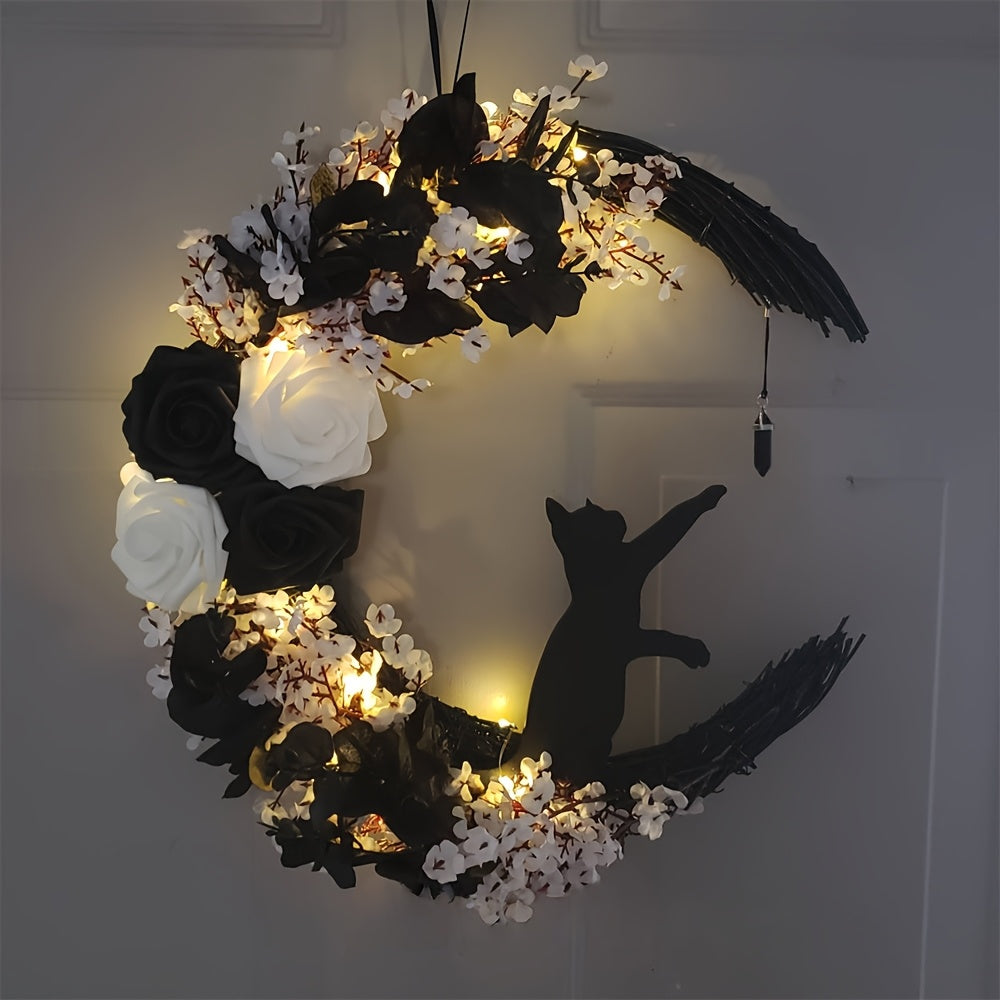 Halloween Cat and Moon Door Wreath with Real Floral Accents, Outdoor Durable