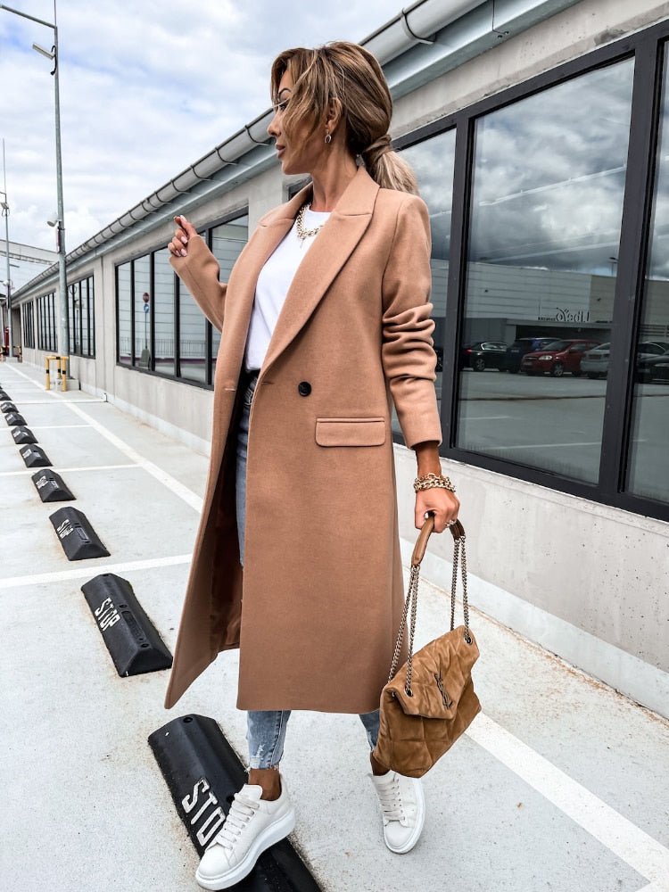 Women’s Long Double-Breasted Overcoat | Warm Polyester Fabric | Classic Lapels & Flap Pockets | Below Knee Length