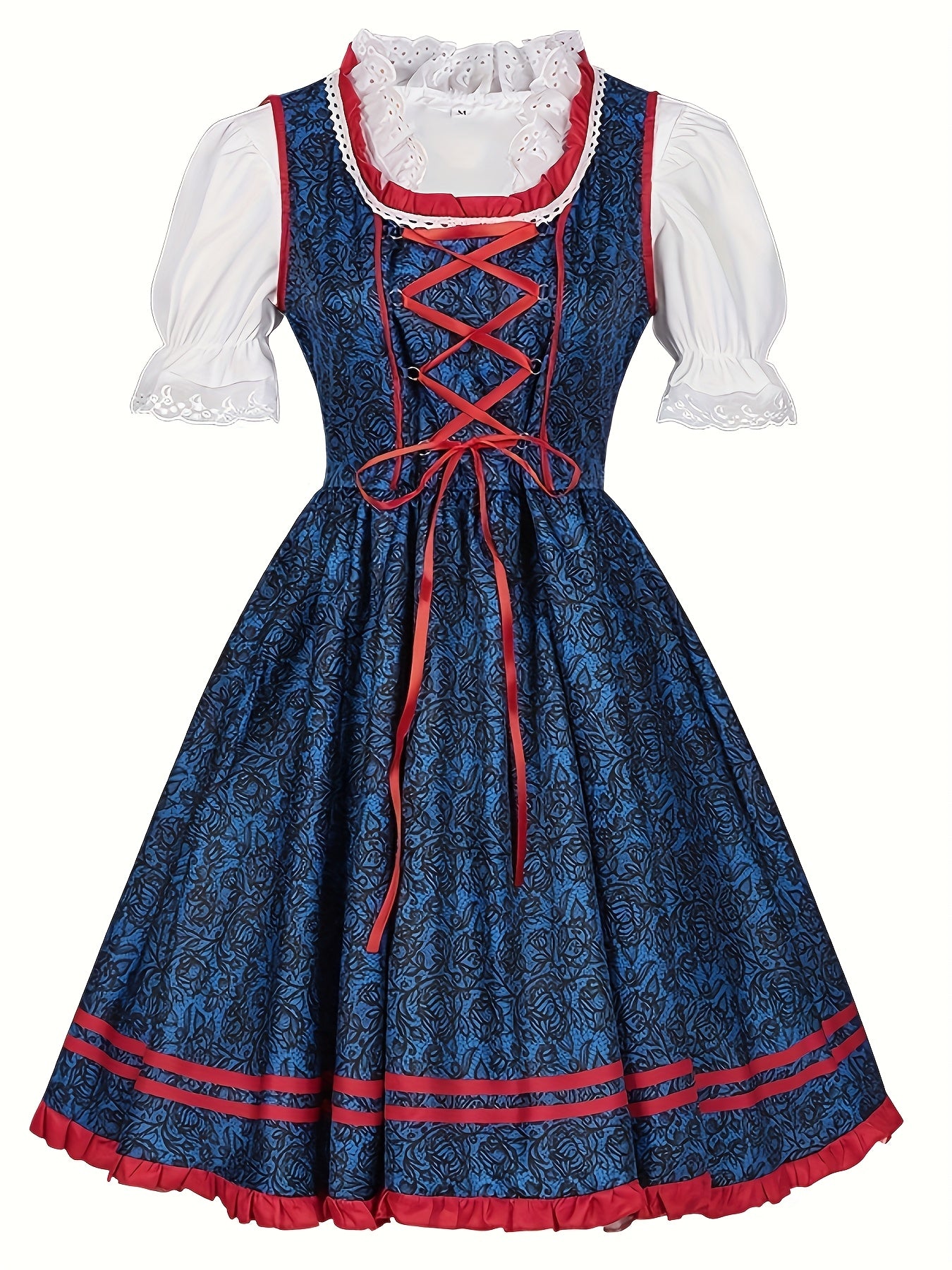 Women's Bavarian Oktoberfest Dress with Lace Blouse and Red Apron