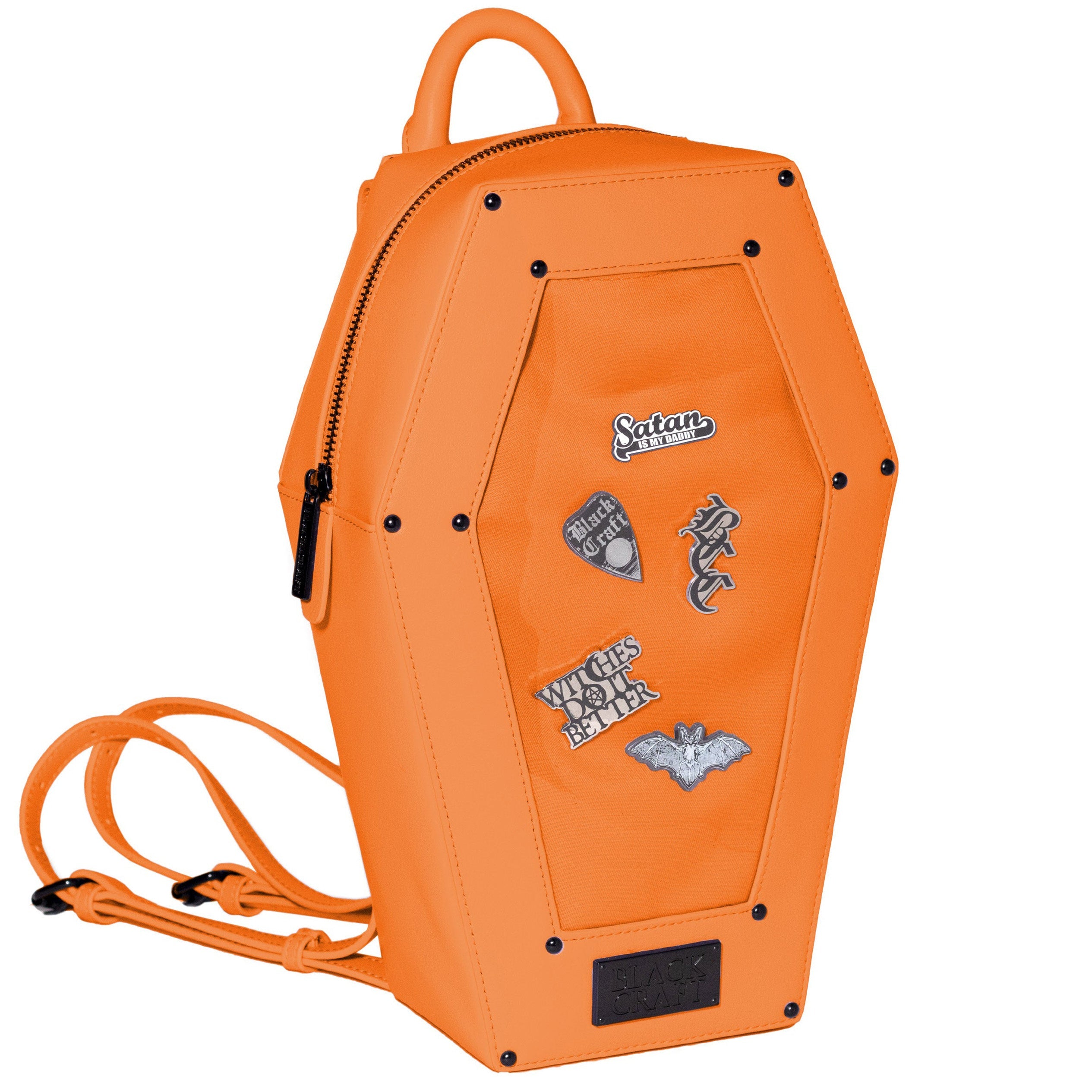 Halloween Coffin Backpack with Clear Pin Display Window, Orange Faux Leather