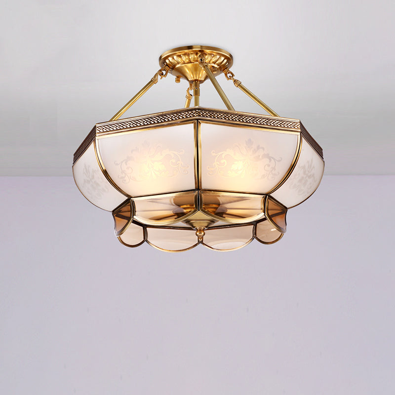 3/4 Bulbs Dome Ceiling Light Fixture Colonial Brass Satin Opal Glass Semi Flush Mount Lighting for Living Room, 14"/18" Dia Clearhalo 'Ceiling Lights' 'Close To Ceiling Lights' 'Close to ceiling' 'Glass shade' 'Glass' 'Semi-flushmount' Lighting' 271364