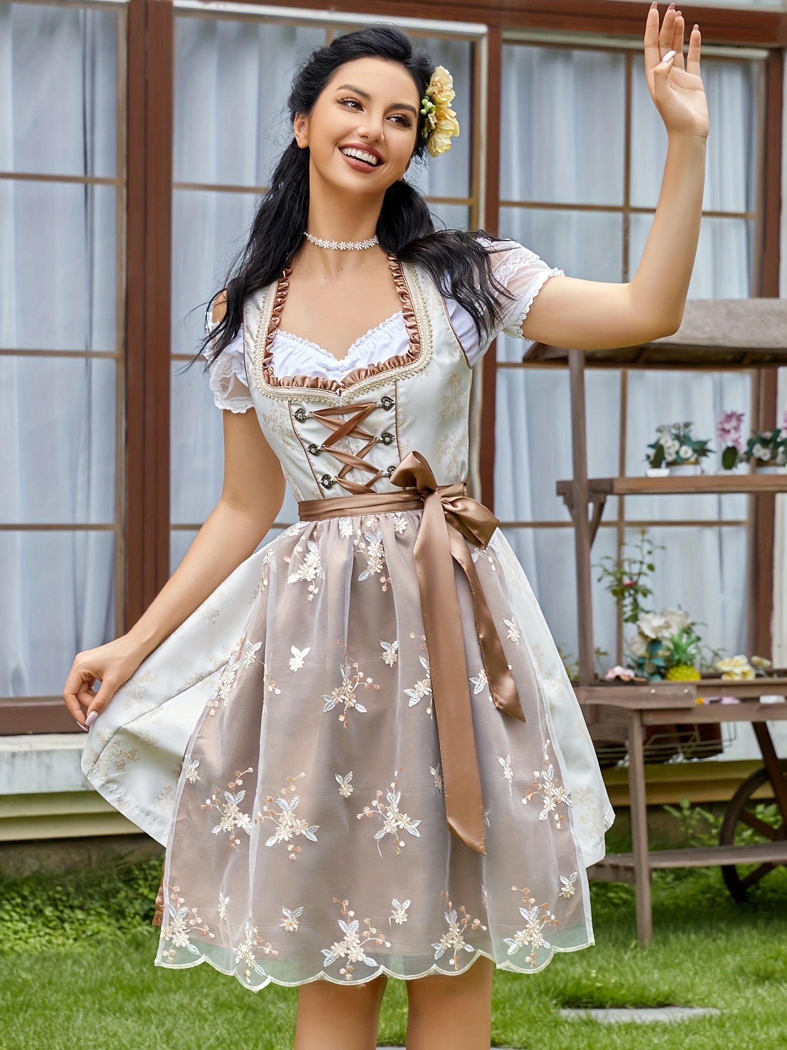 Women's Oktoberfest Dirndl Dress Three-Piece Set with Floral Embroidery