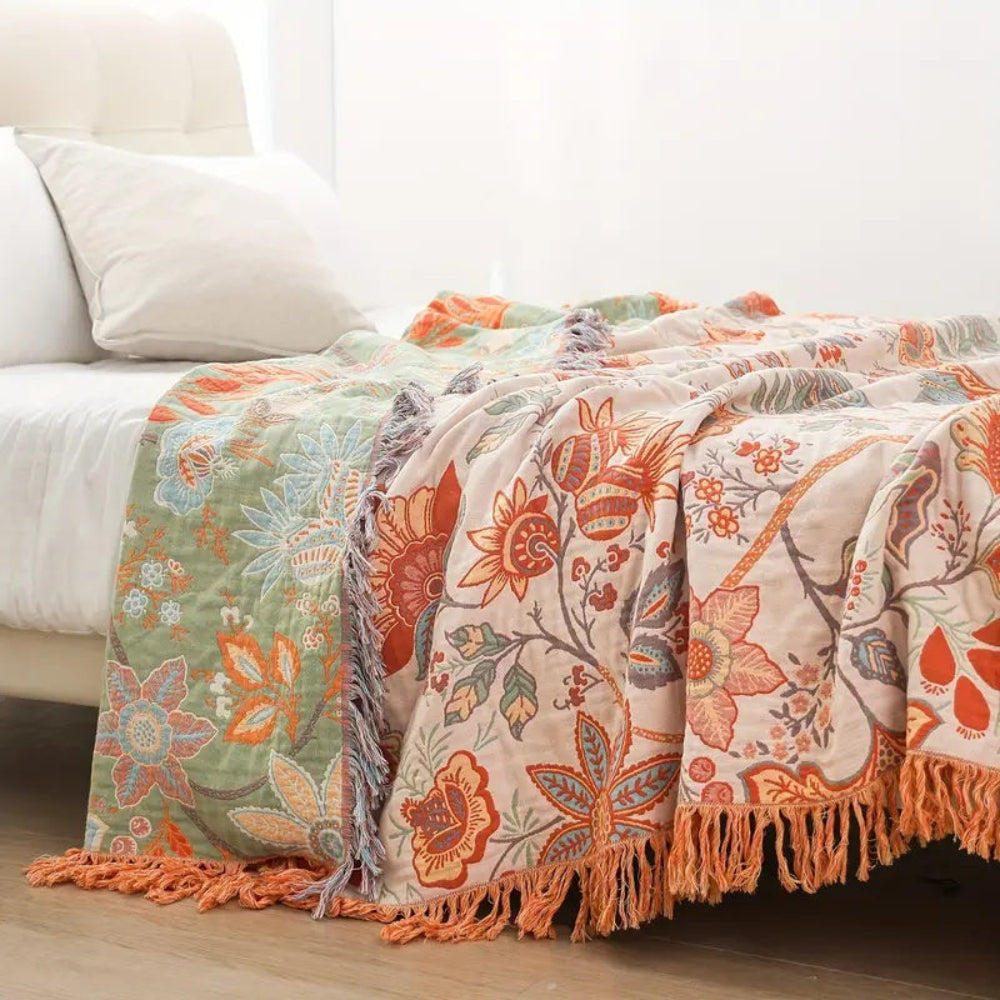 Melara — Soft Cotton Boho Floral Throw Blanket with Fringed Edges