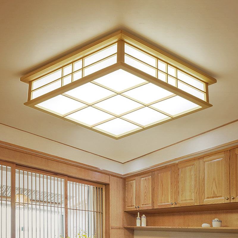Wood Square Grille Flush Lighting Japanese Style LED Beige Ceiling Lamp in Warm/White Light Clearhalo 'Ceiling Lights' 'Close To Ceiling Lights' 'Close to ceiling' 'Flush mount' Lighting' 287783