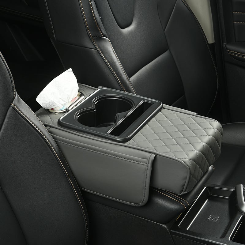 Faux Leather Armrest Cover for Car with Cup Holders and Storage