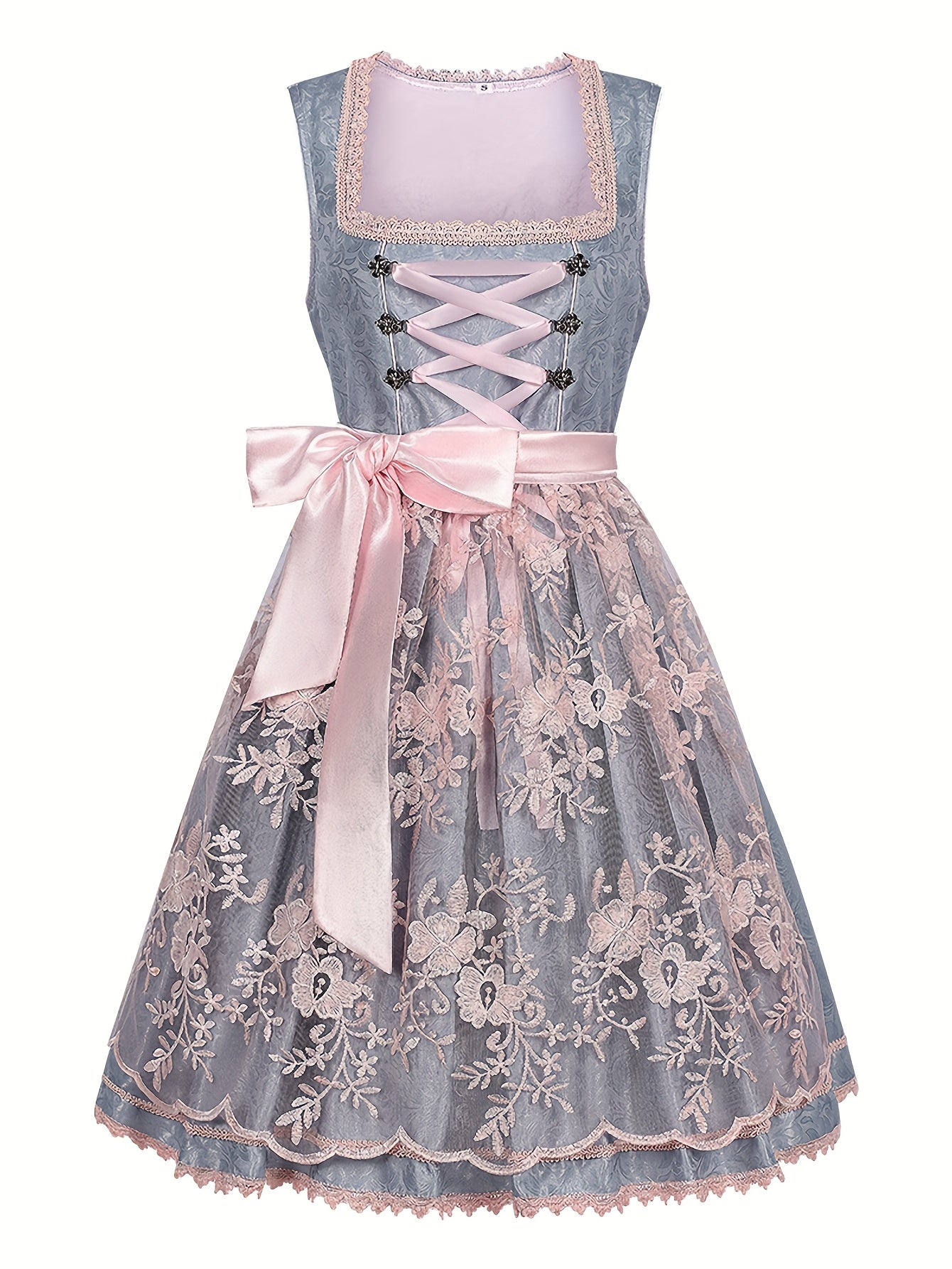 Women's Oktoberfest Midi Dress with Apron and Floral Lace Embroidery