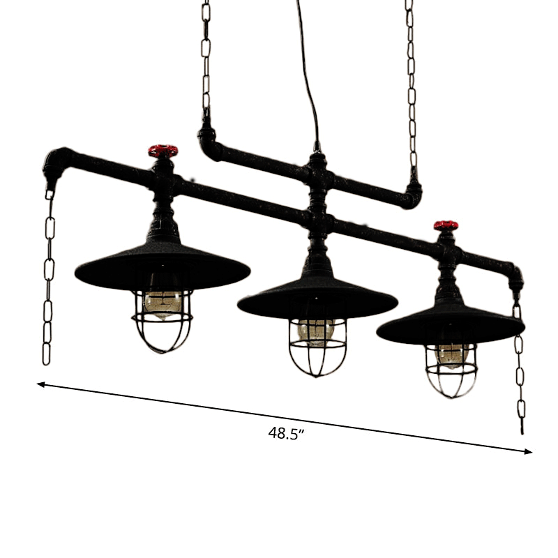 2/3 Heads Black Iron Steampunk Island Lighting Fixture with Cage and Chain Decoration – Hanging Light 48.5" Width, Industrial Style, Metal, 3 Lights, E26/E27 Bulb Base