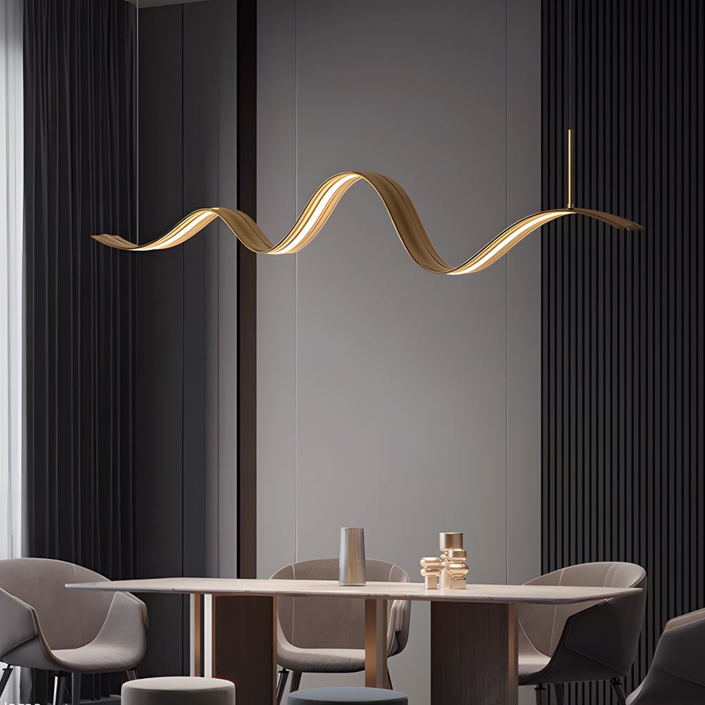 1-Light Elegant Flow Wave Linear LED Brass Pendant Light for Kitchen Island