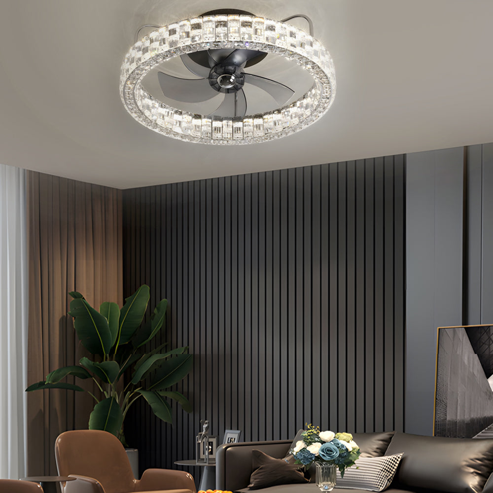 Modern 23.6-in Round Crystal Ceiling Fan with LED Light and Remote Control - Dazuma.us