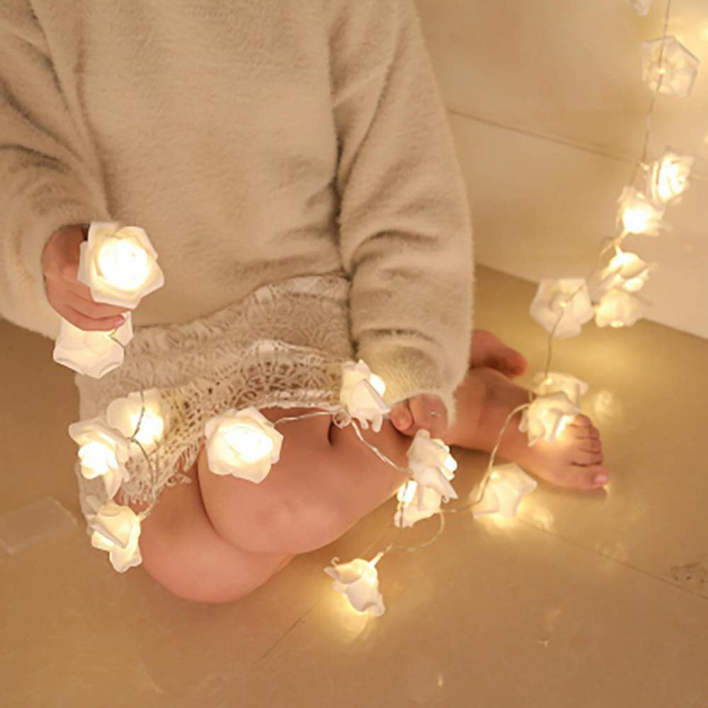 Warm White LED Rose String Lights - Battery Operated Flower Fairy Lights, 5-20ft, 10-40 LED Heads, White Foam or Frosted Roses, Romantic Indoor Decor
