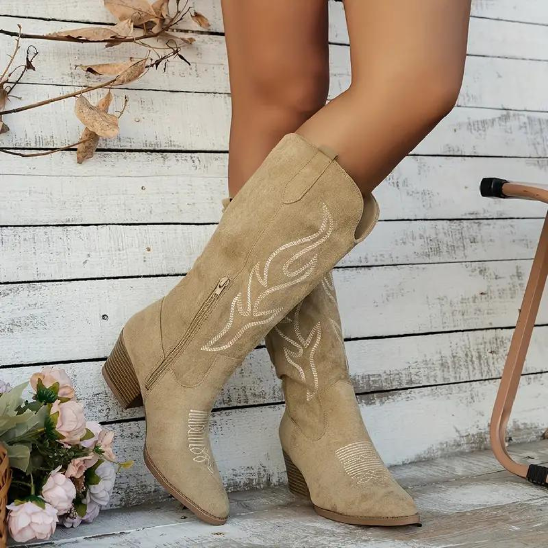 Women’s Knee-High Cowboy Boots | Chunky Heel & Side Zipper | Suede-Like Material | Comfortable Fit